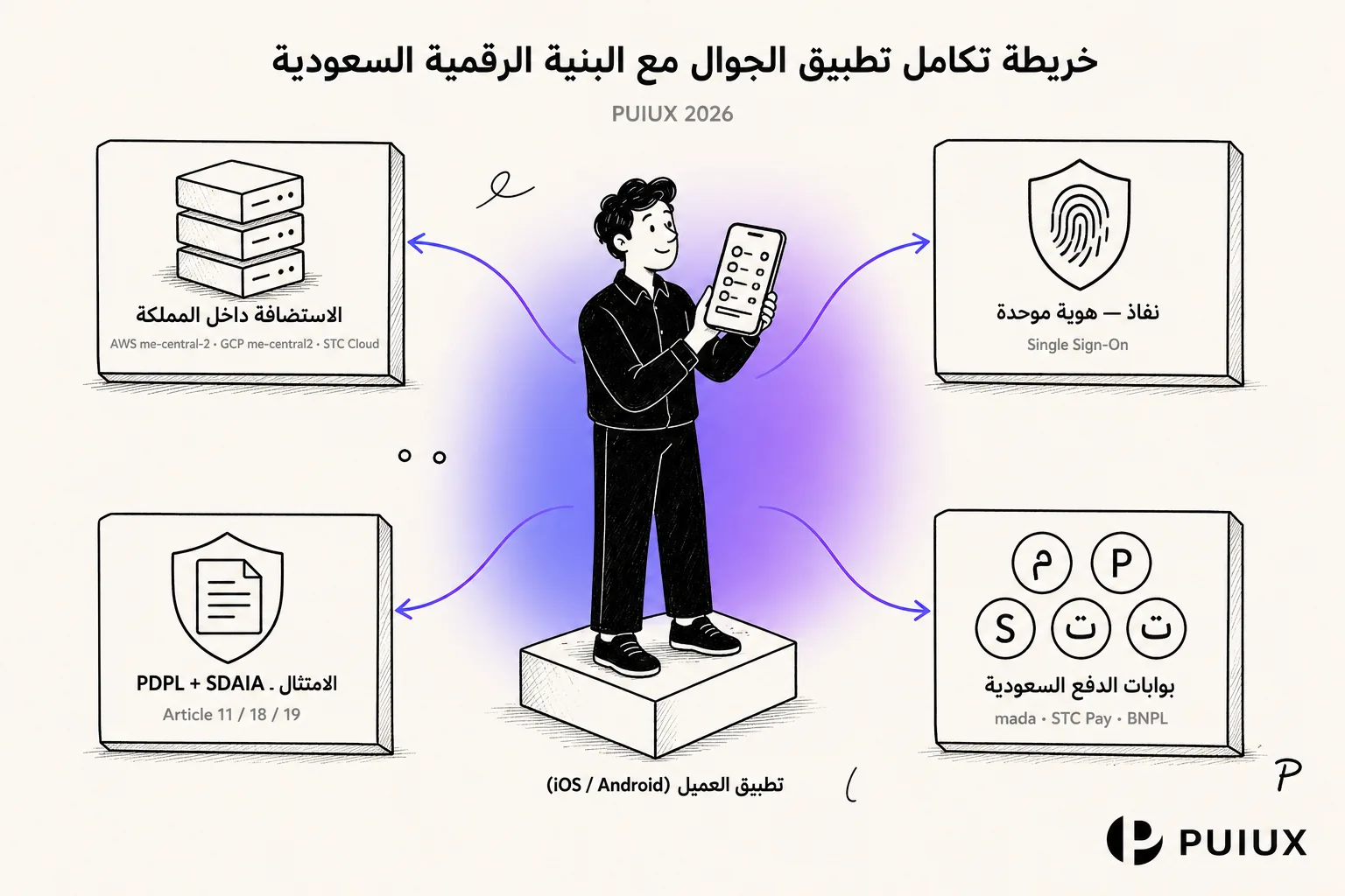 تكامل البنية الرقمية السعودية في تطبيق الجوال — نفاذ، مدى، STC Pay، PDPL